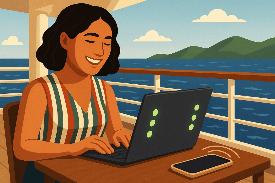 Motion-Magic-Motion-Sea-Sickness-Prevention-App Women using Motion Magic motion cue dots to preview sea sickness on a boat or cruise ship