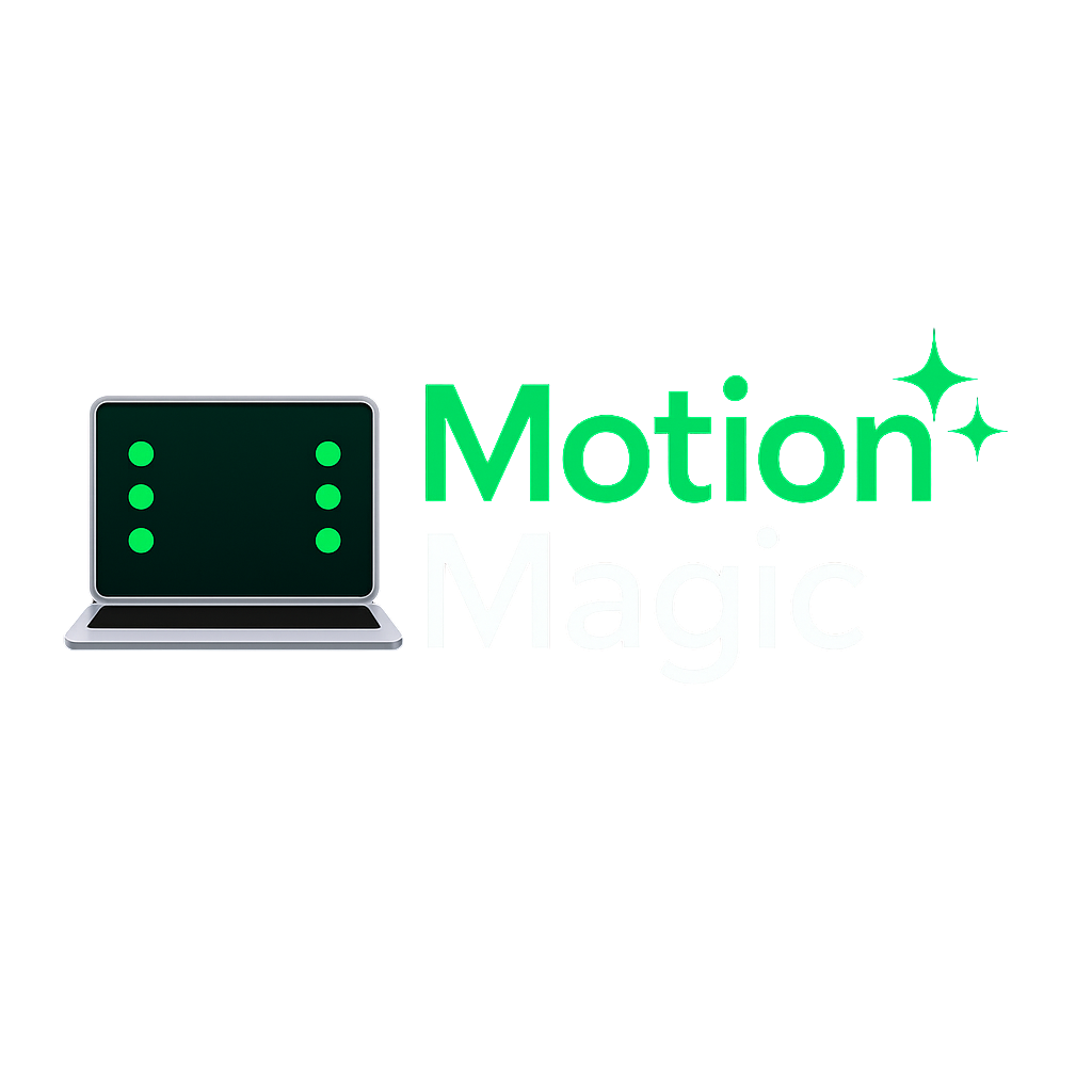 Logo for Motion Magic with a computer showing the Motion Cue dots to relieve motion sickness